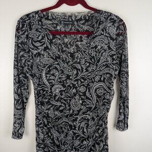 INC International Concepts Black Paisley Print‎ Long Sleeve Top Blouse